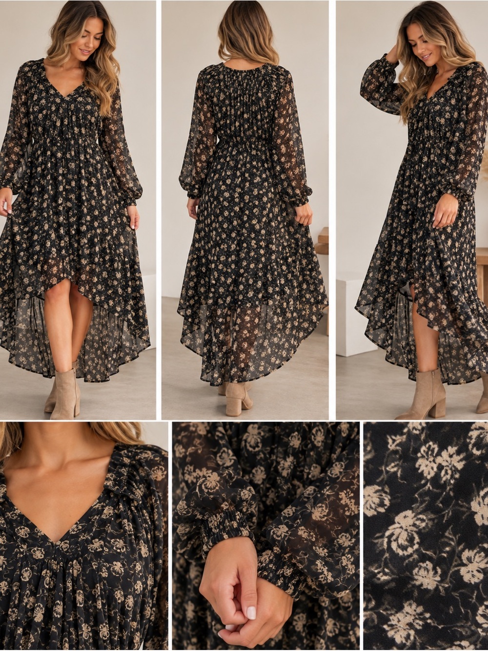 ASTR The Label Dress Womens L Black Floral Chiffon High Low Maxi Boho Long Sleev